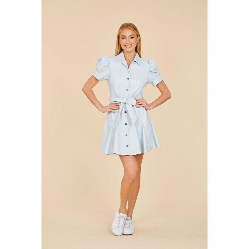 DolceCabo Faux Leather Puff Sleeve Belted Dusty Blue Mini Dress NWT Size M